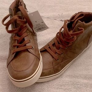 Brown leather high top sneakers
